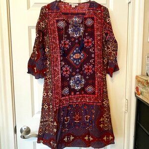 Coldwater Creek Shift Dress Wine Multi Tassels Boho 3/4 Bell Sleeve size PS